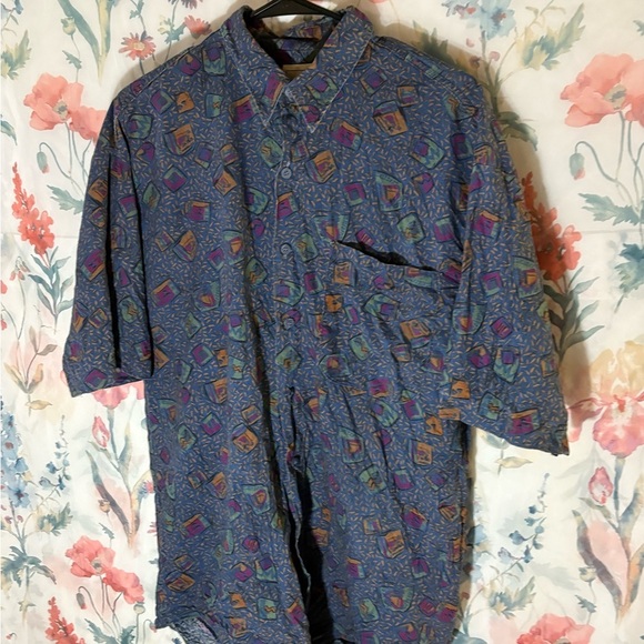 Vintage Men's Geometric Patterned Blue Shirt - Picture 2 of 9